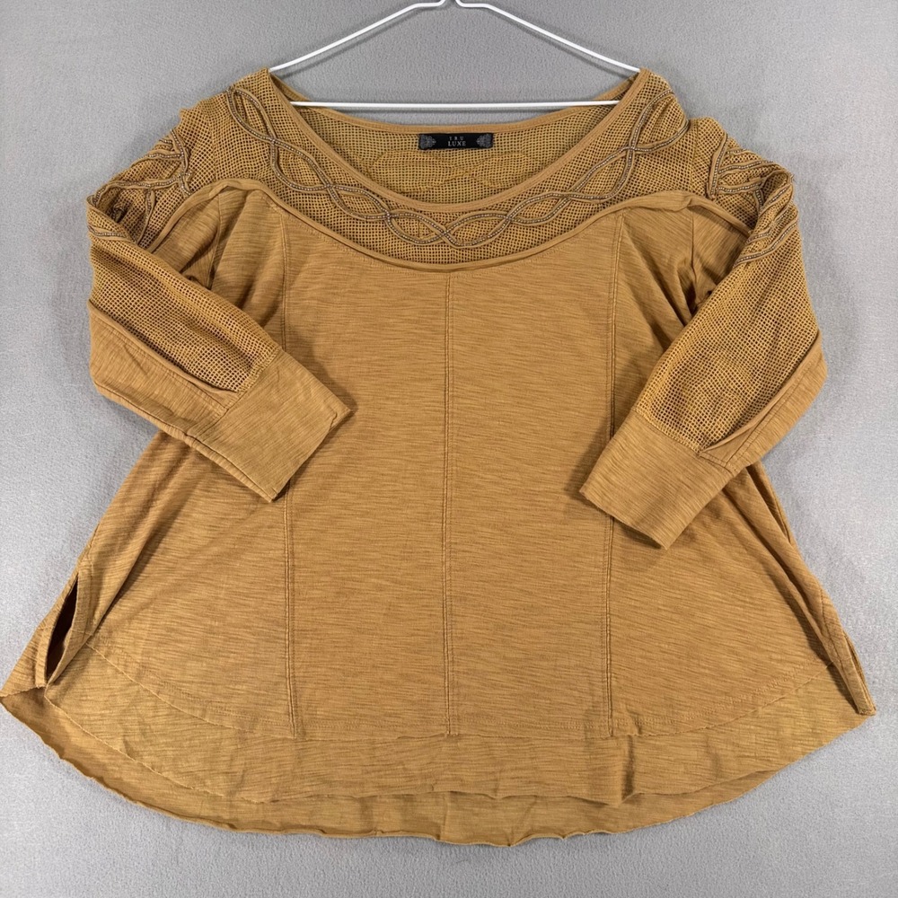 Tru Luxe Mustard Yellow Mesh Beaded Slub Knit 3/4 Sleeve Top Blouse